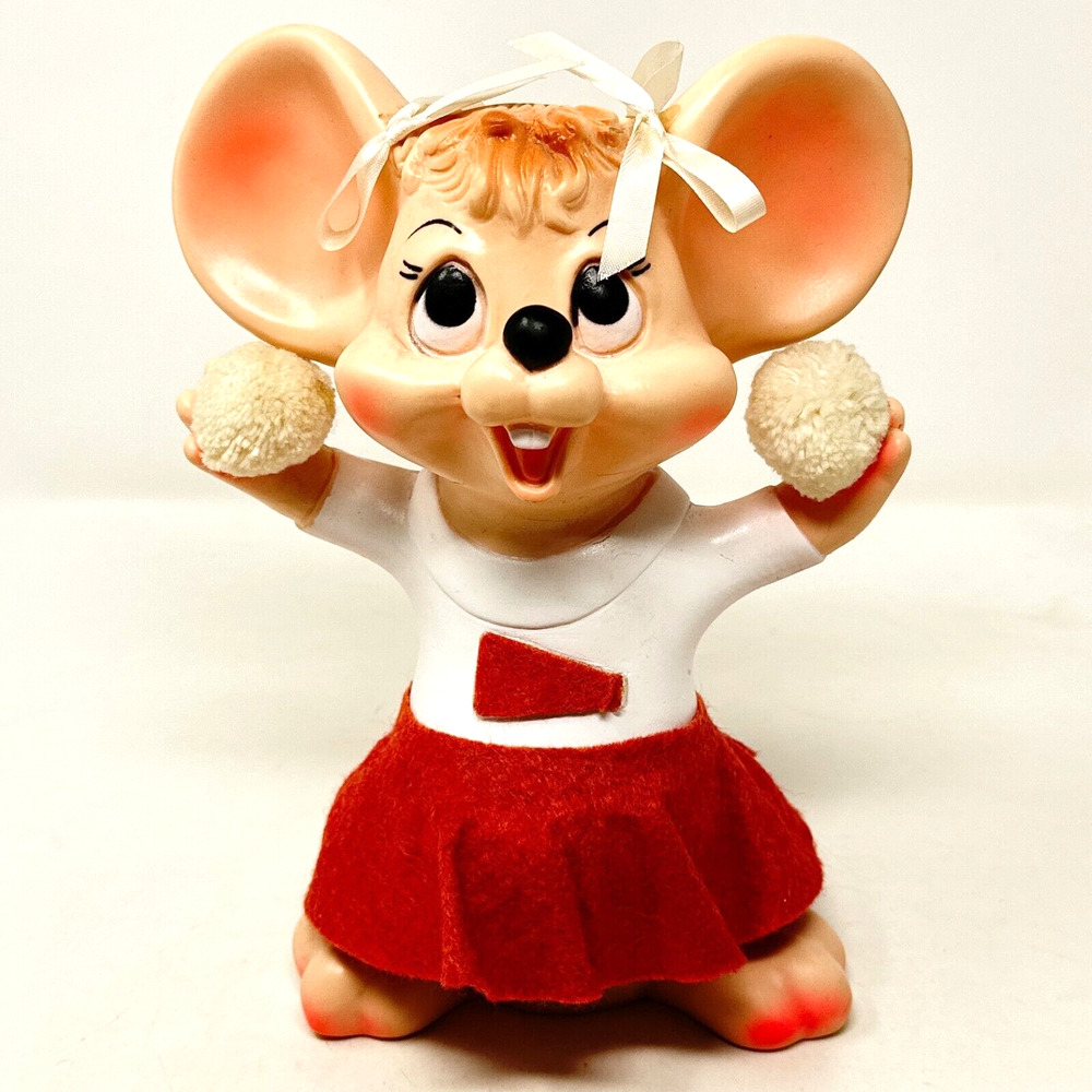 VTG Cheerleader Mouse Coin Bank Huron Products 1960 Red White Plastic Piggy Bank